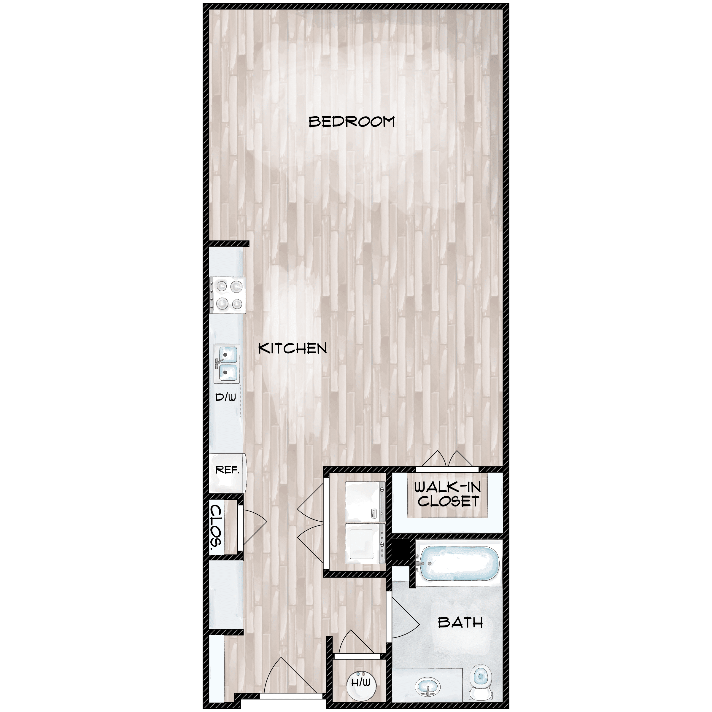 Floor plan for studio, 1 bath, 725 sqft